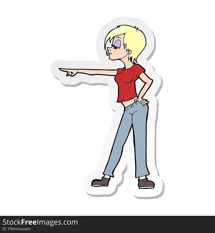 sticker of a cartoon hip woman pointing