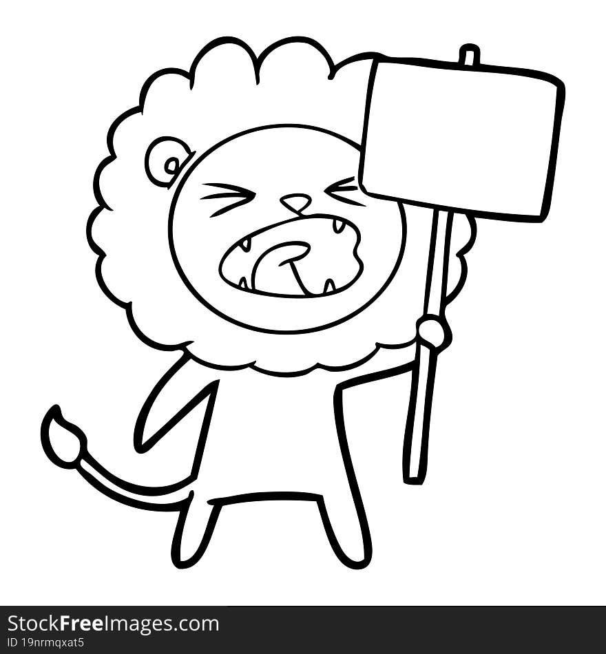 cartoon lion with protest sign. cartoon lion with protest sign