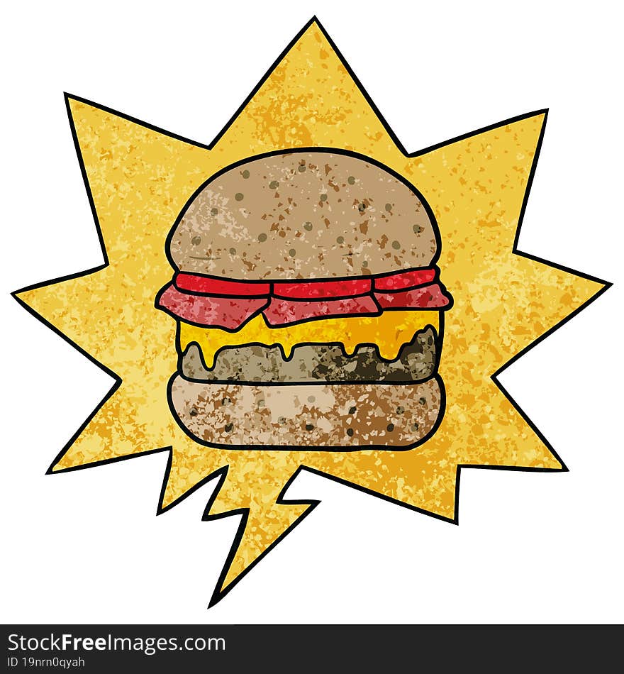 cartoon stacked burger and speech bubble in retro texture style