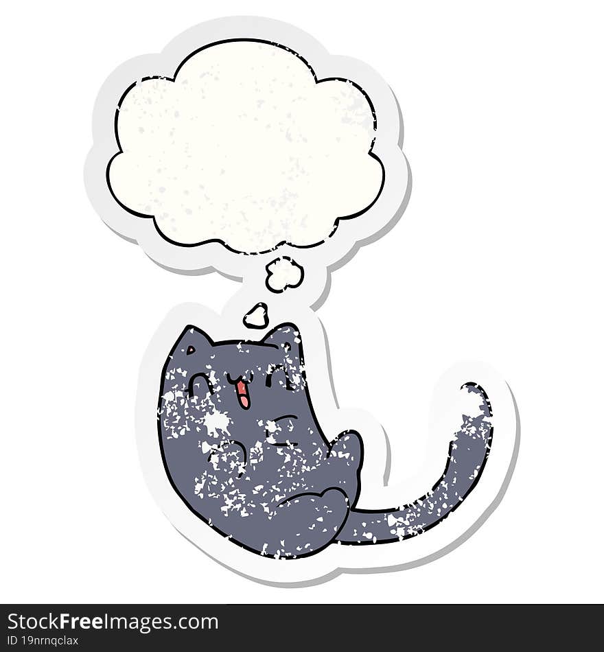 cartoon cat and thought bubble as a distressed worn sticker