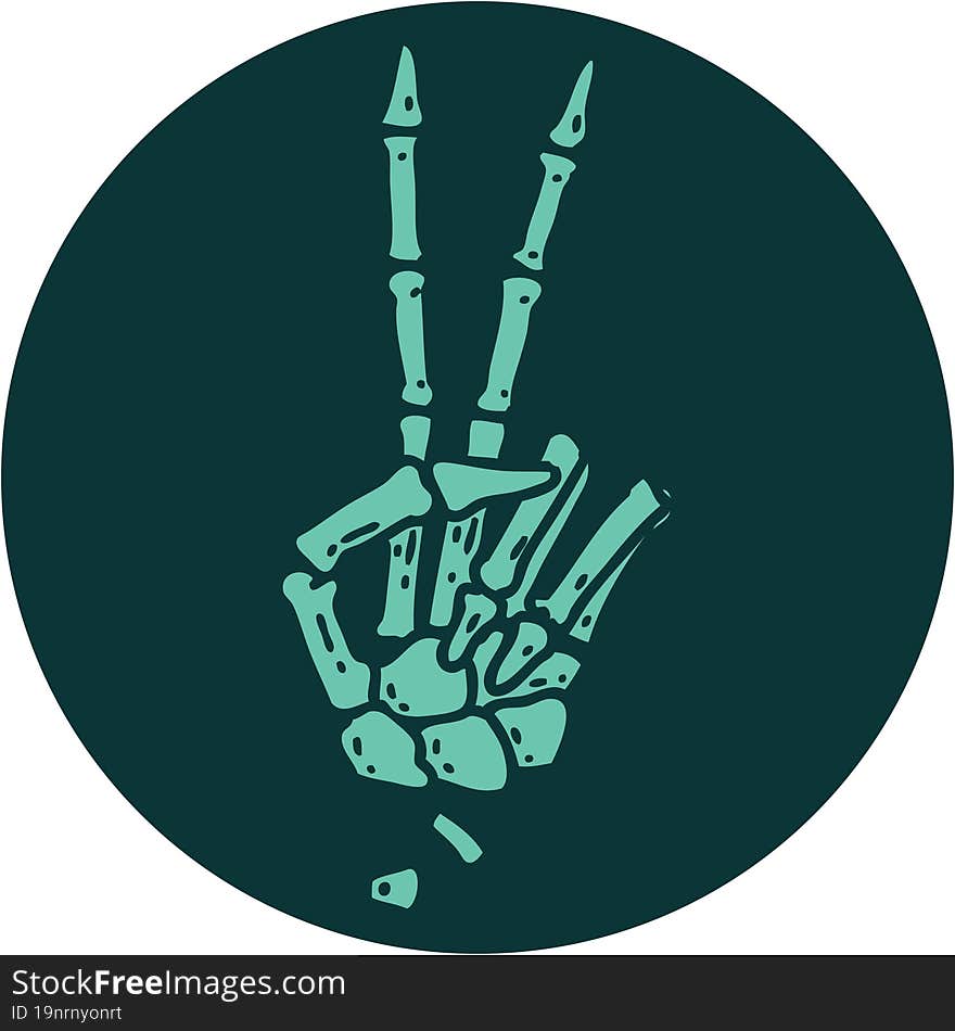 tattoo style icon of a skeleton hand giving a peace sign