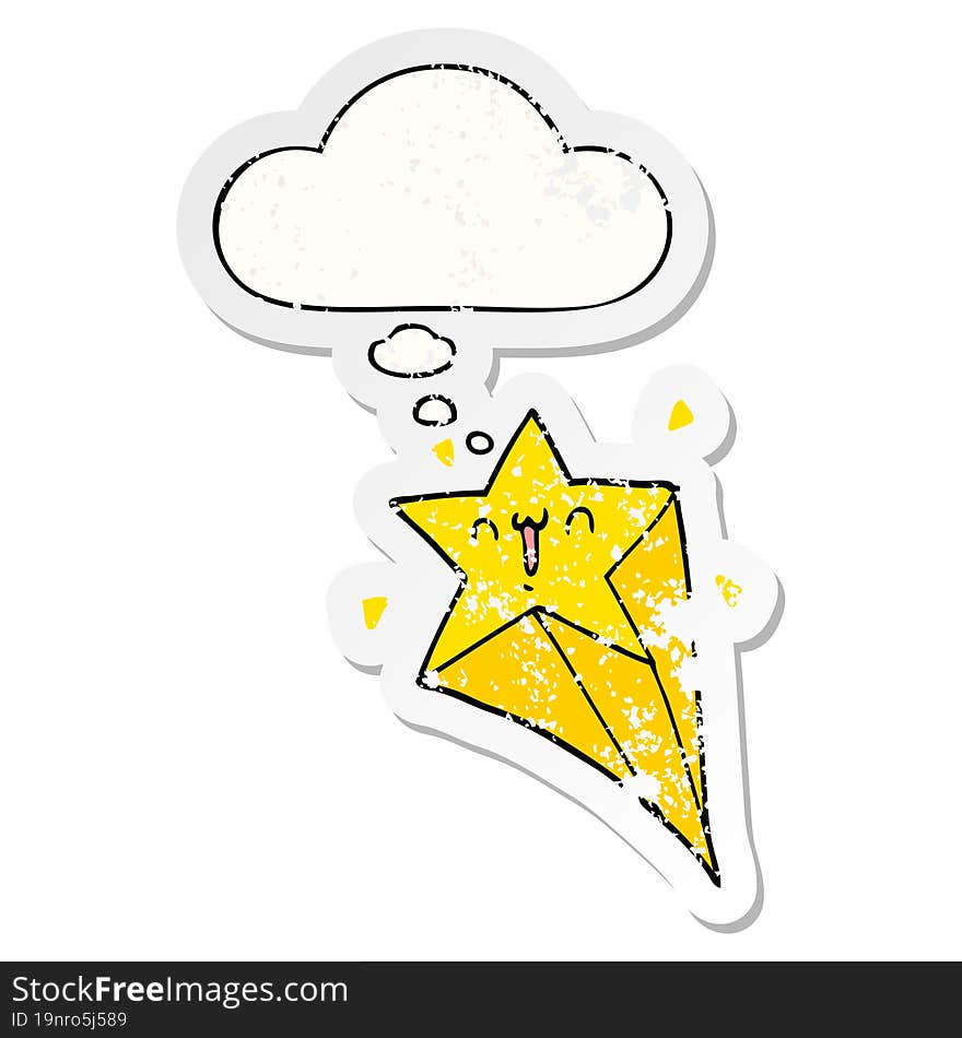 cartoon shooting star with thought bubble as a distressed worn sticker