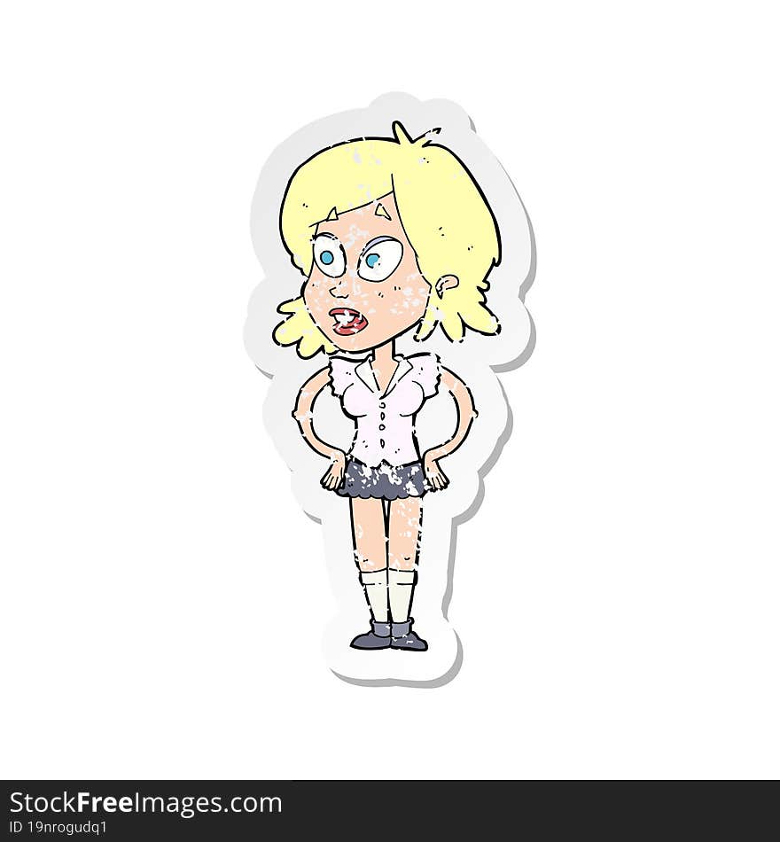 retro distressed sticker of a cartoon woman with hands on hips