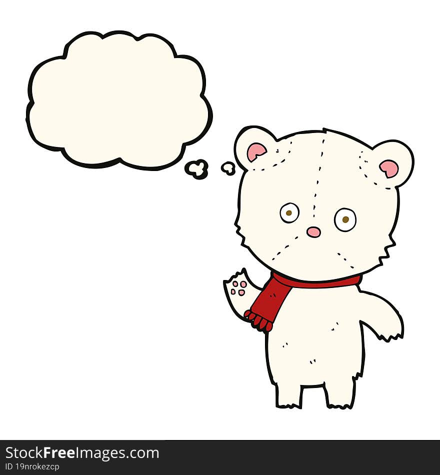 cartoon waving polar bear with thought bubble