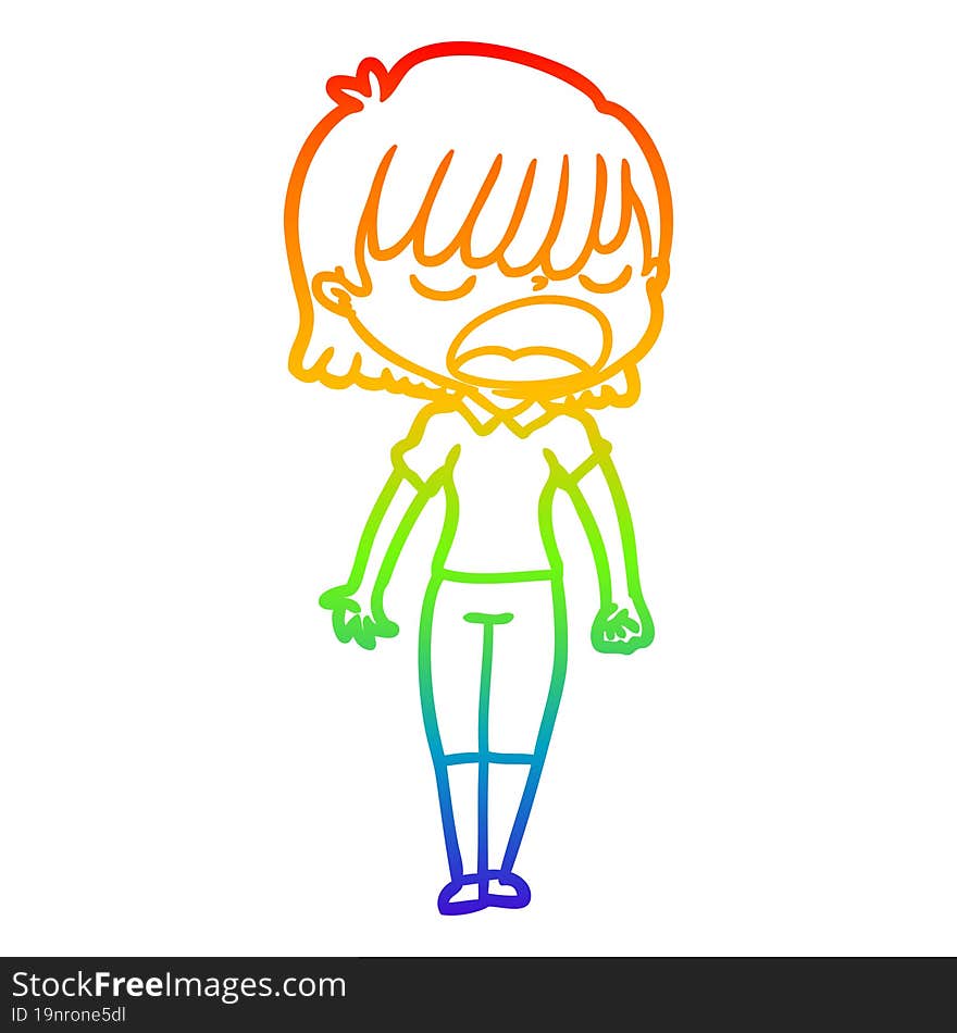 rainbow gradient line drawing cartoon woman talking loudly