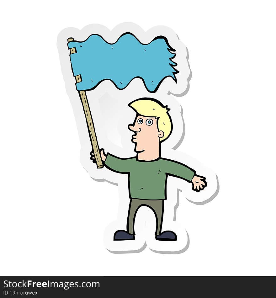 sticker of a cartoon man waving flag