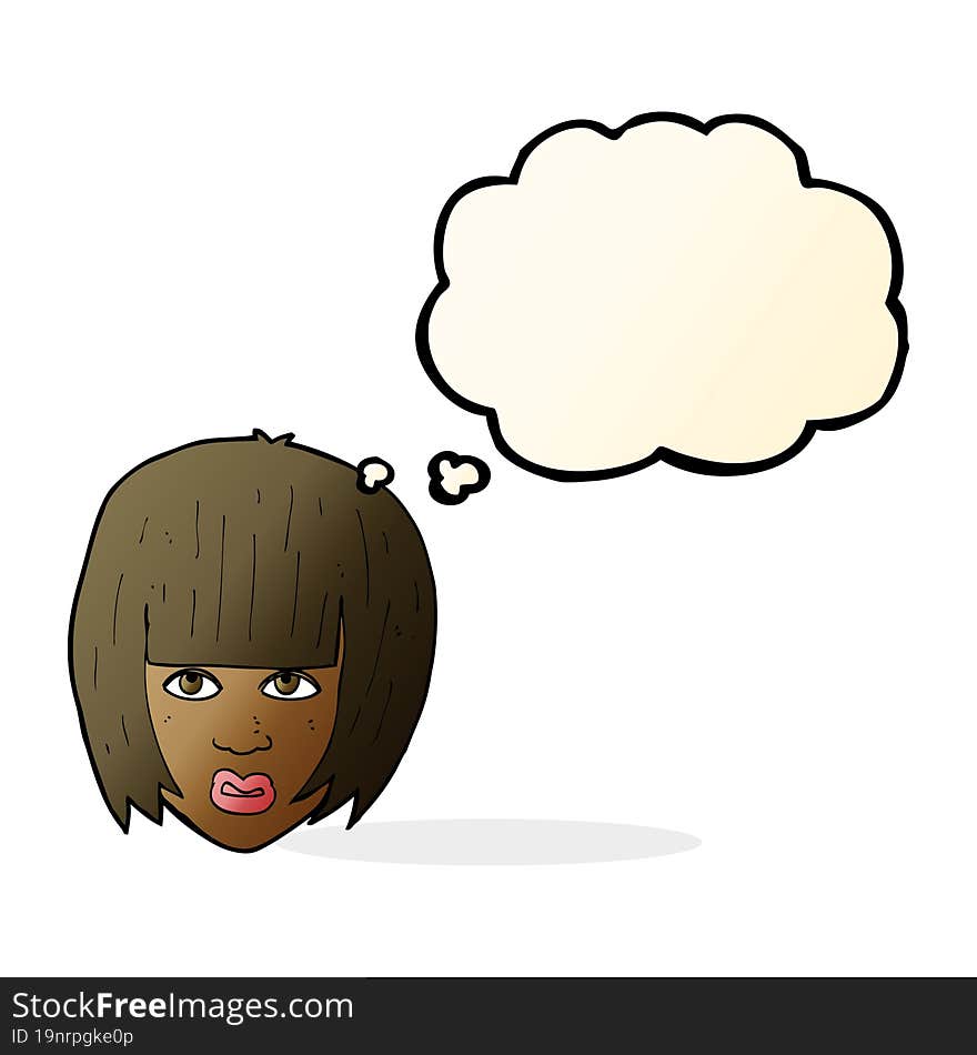 cartoon annoyed girl with big hair with thought bubble