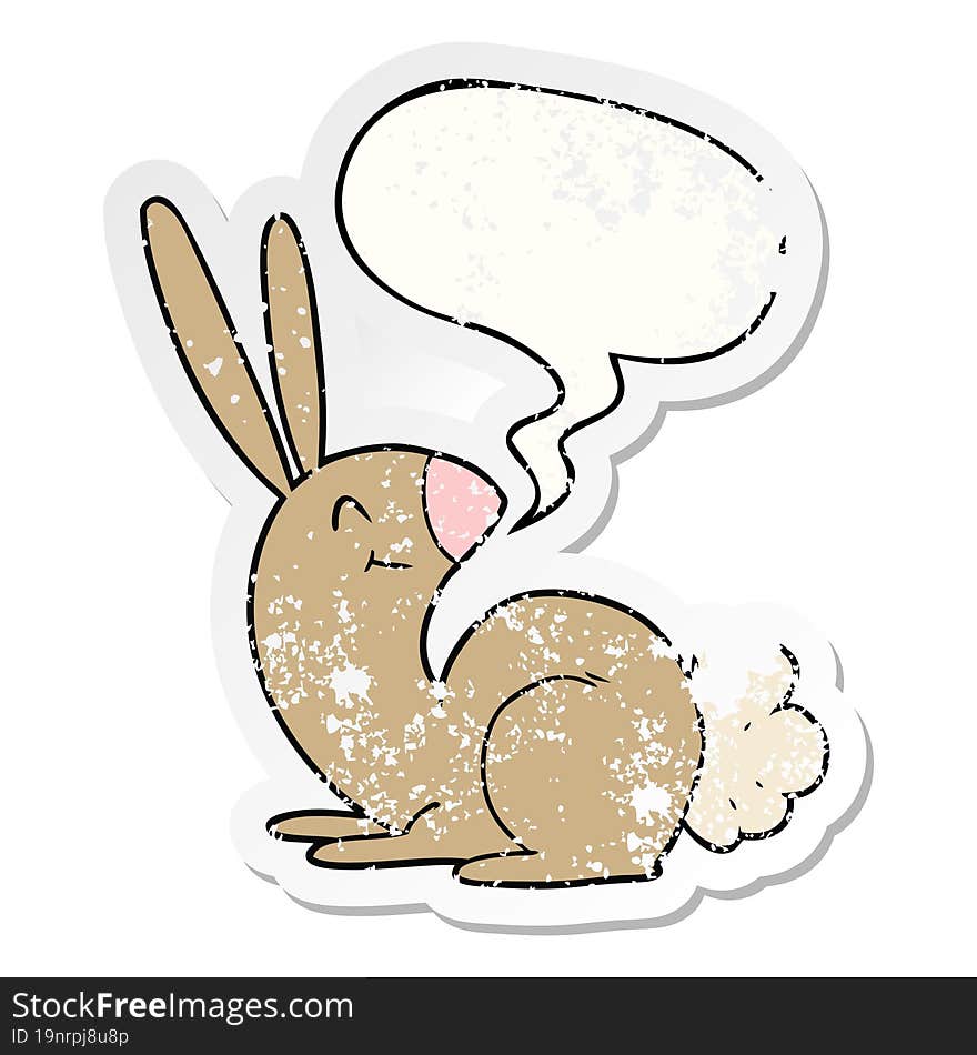 cute cartoon rabbit and speech bubble distressed sticker