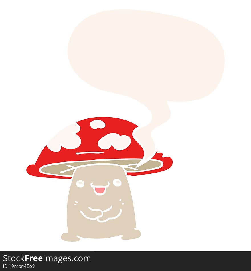 cartoon mushroom character and speech bubble in retro style