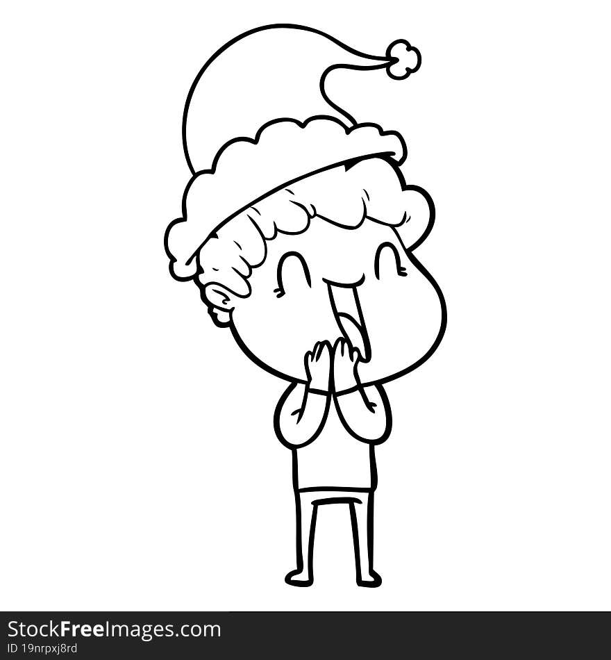 line drawing of a happy man wearing santa hat