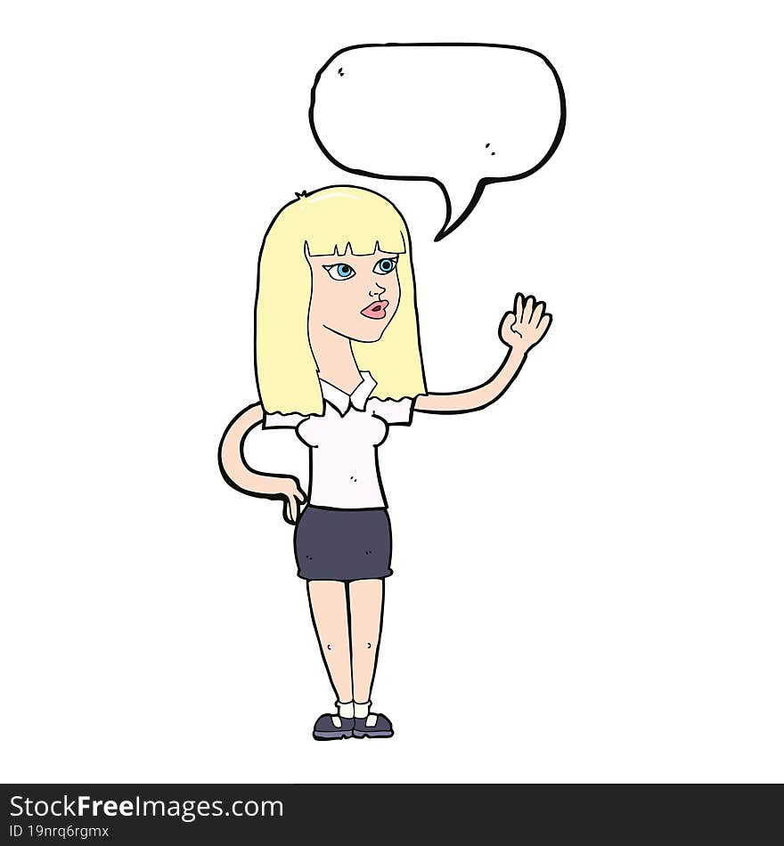 cartoon pretty woman waving with speech bubble