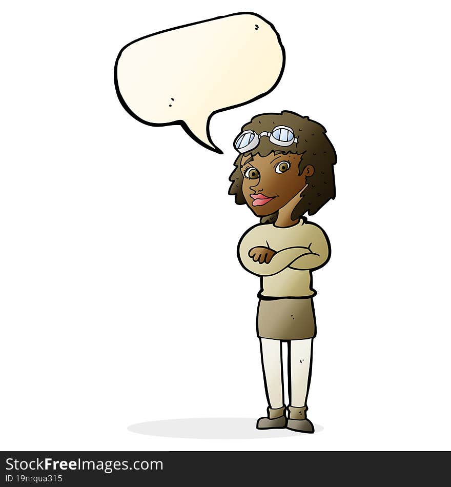 cartoon woman with crossed arms and safety goggles with speech bubble