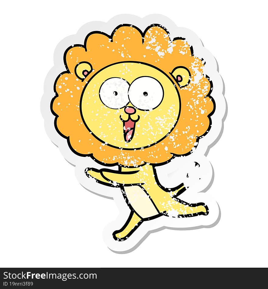 distressed sticker of a happy cartoon lion