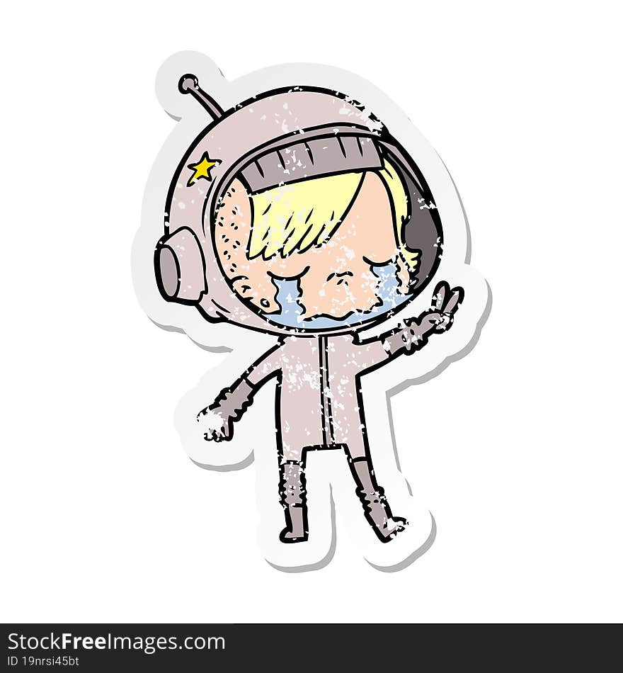 distressed sticker of a cartoon crying astronaut girl