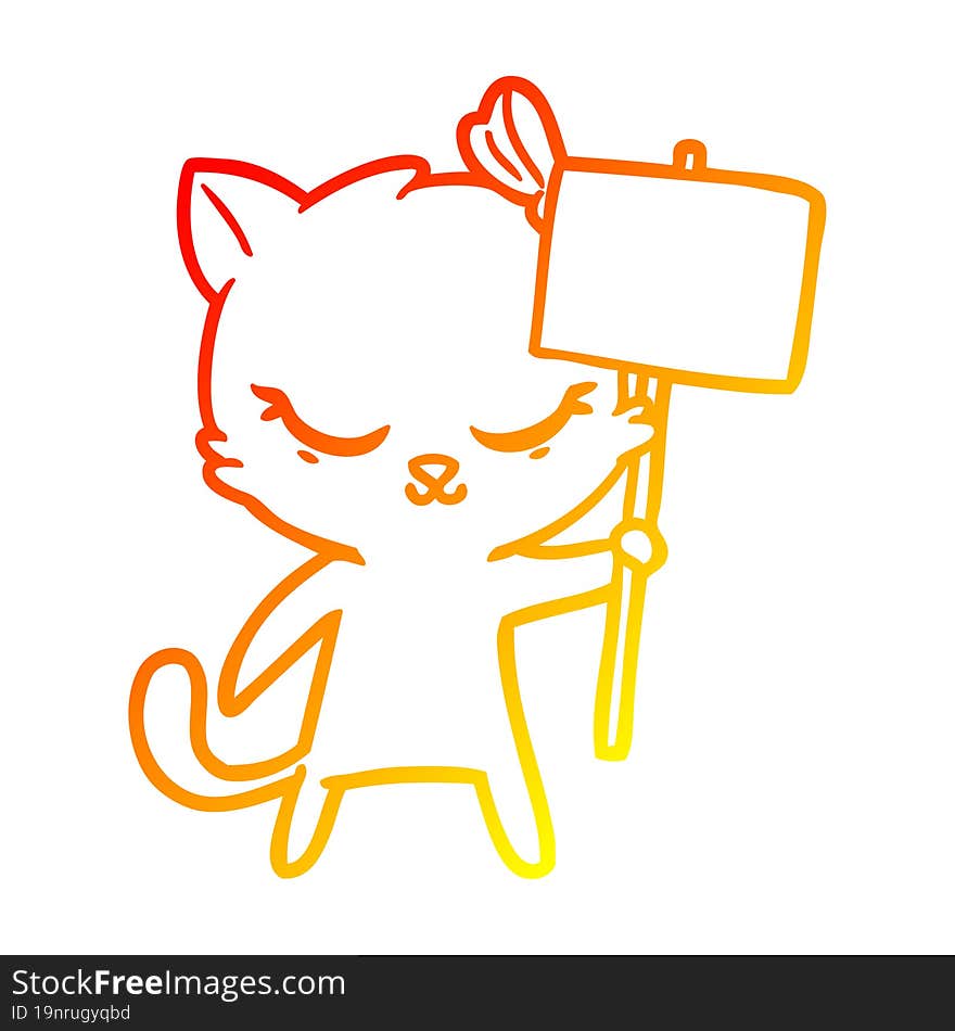 warm gradient line drawing of a cute cartoon cat with sign