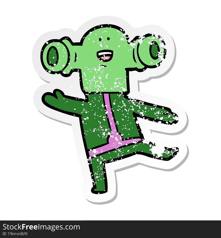 distressed sticker of a friendly cartoon alien