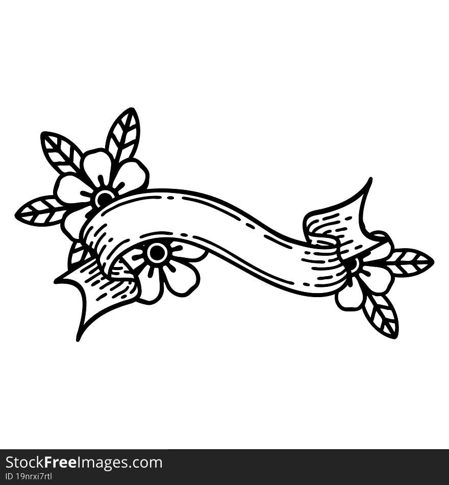 black line tattoo of a banner and flowers