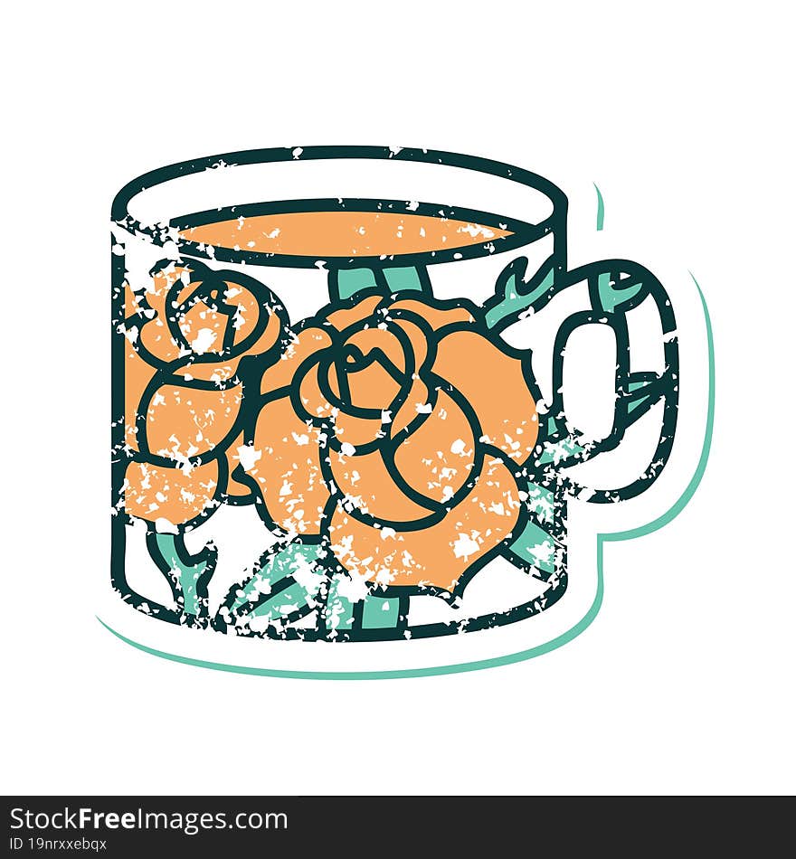 distressed sticker tattoo style icon of a cup and flowers