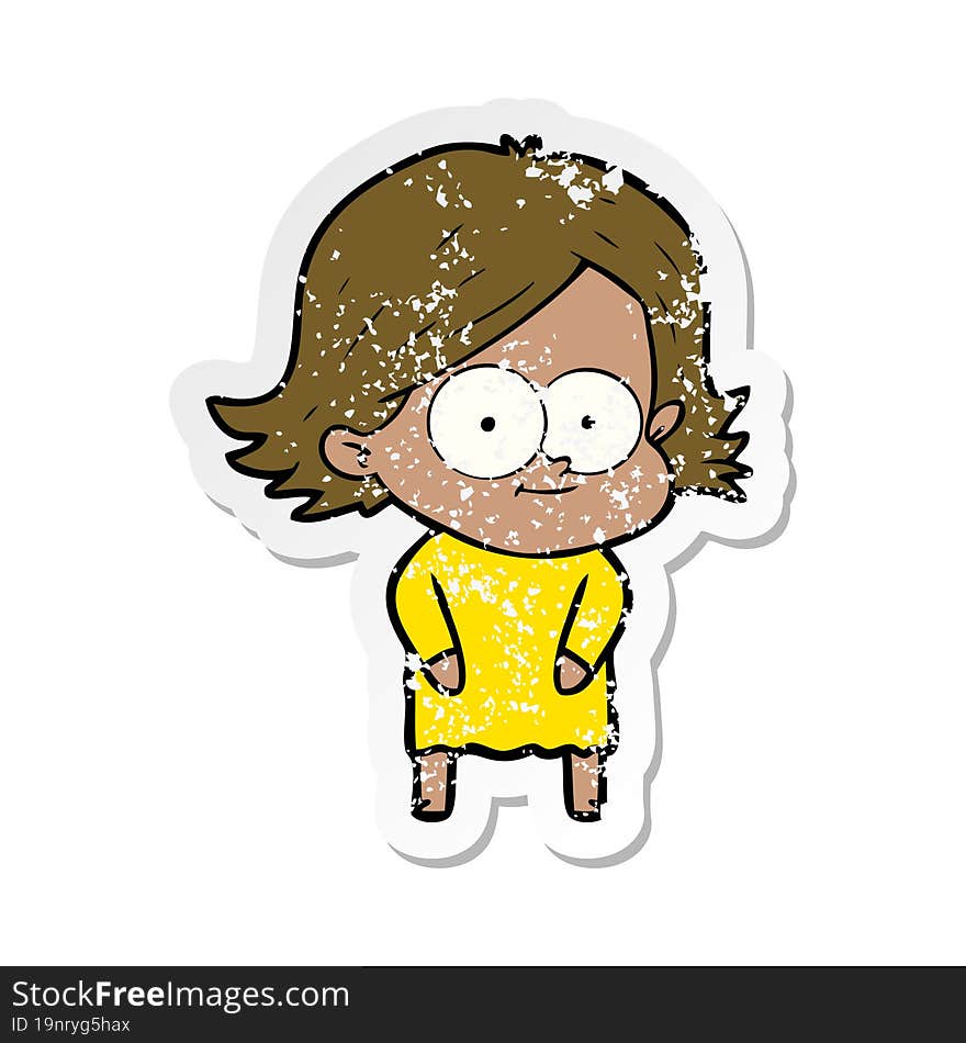 distressed sticker of a happy cartoon girl