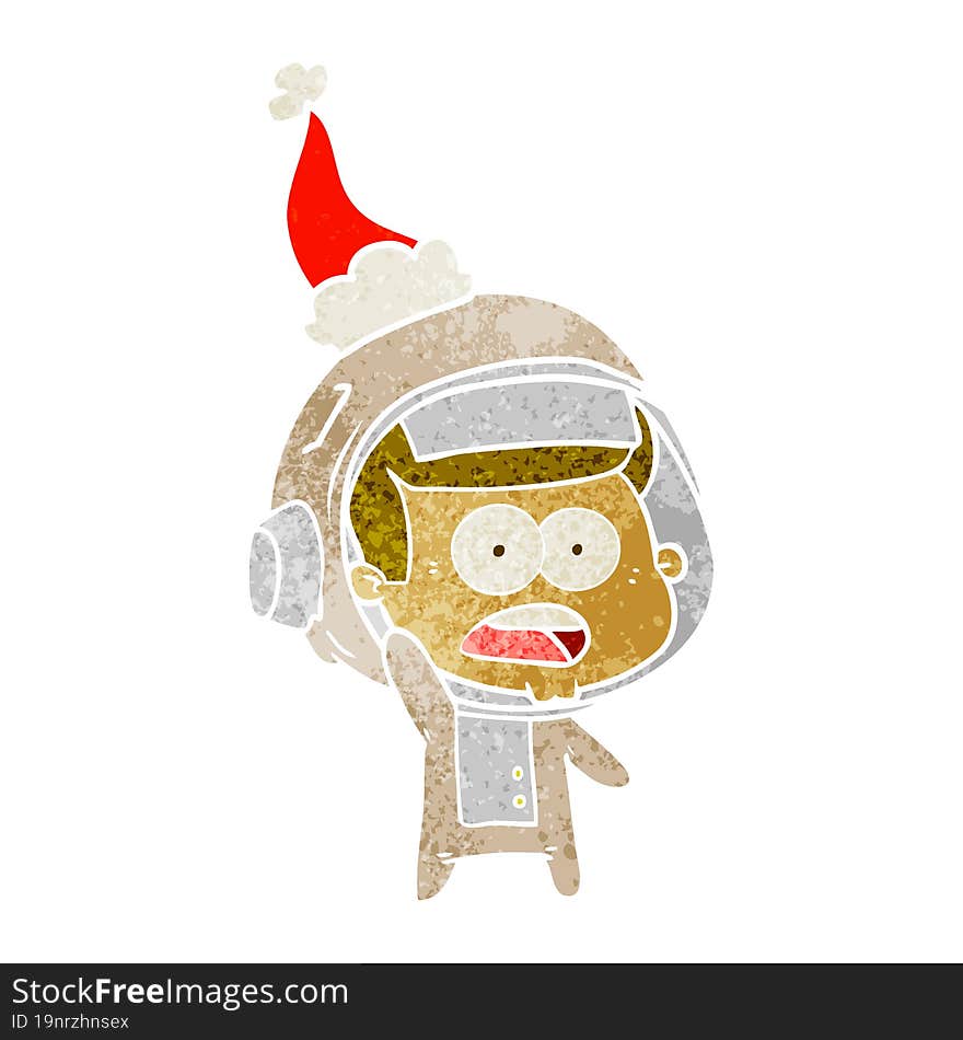 retro cartoon of a surprised astronaut wearing santa hat