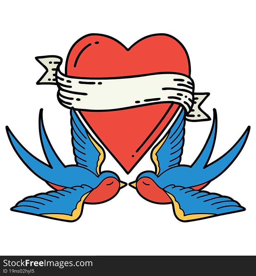 tattoo in traditional style of swallows and a heart with banner. tattoo in traditional style of swallows and a heart with banner