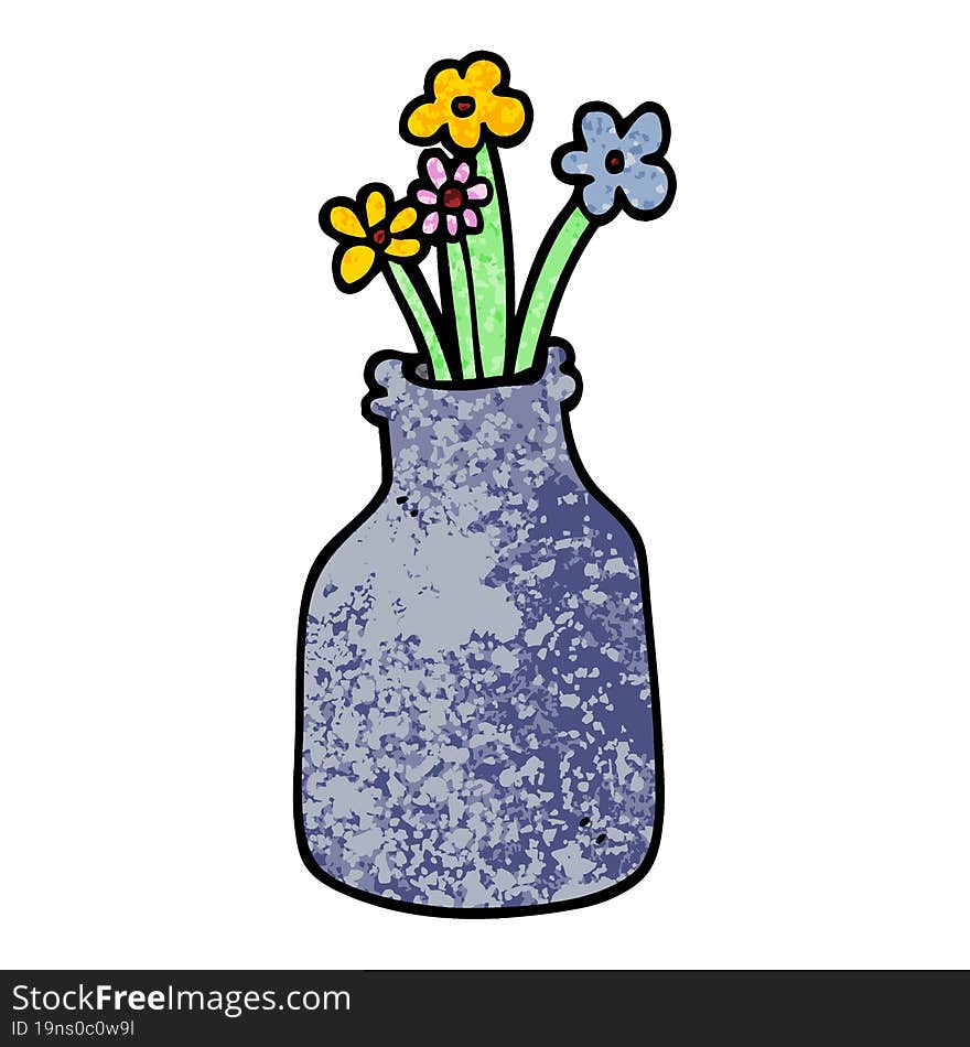 grunge textured illustration cartoon flowers in vase