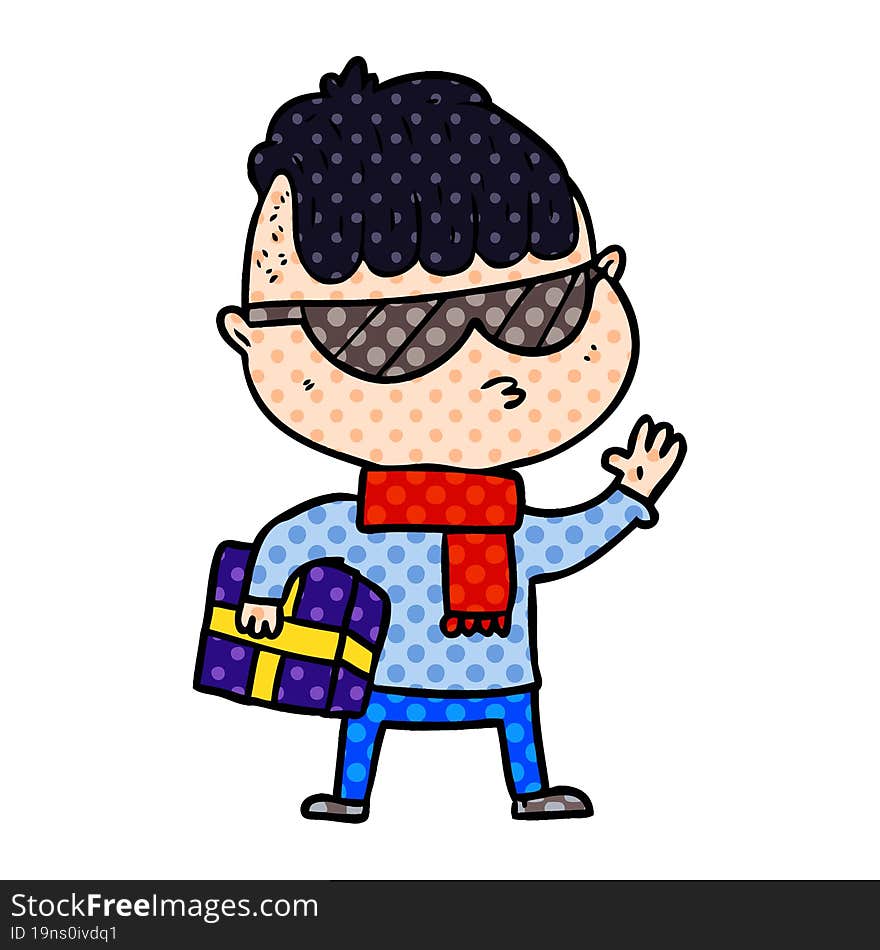 cartoon boy wearing sunglasses carrying xmas gift. cartoon boy wearing sunglasses carrying xmas gift