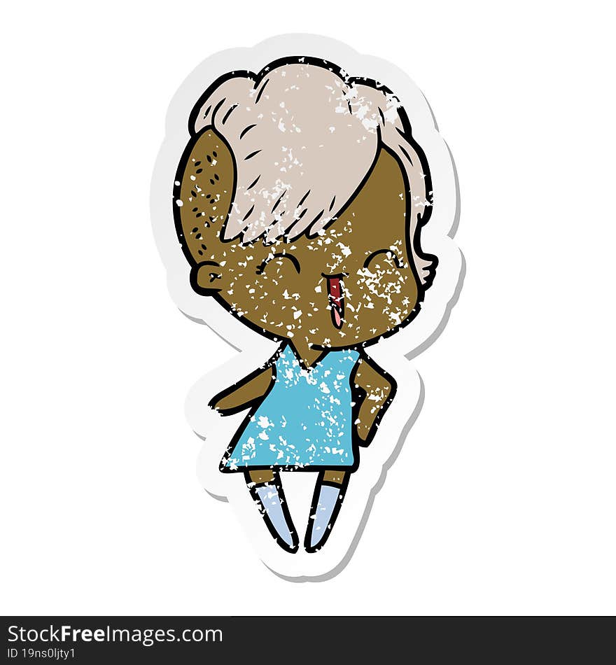 Distressed Sticker Of A Happy Cartoon Hipster Girl