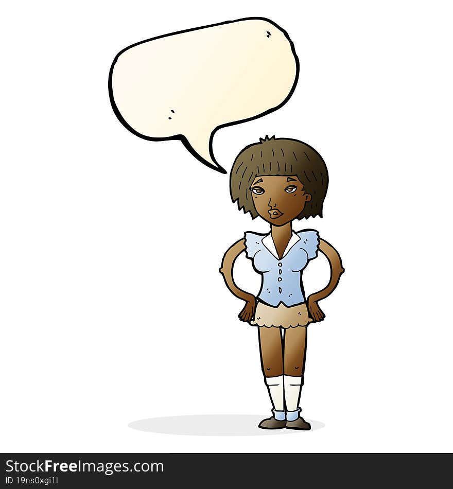 cartoon woman with hands on hips with speech bubble