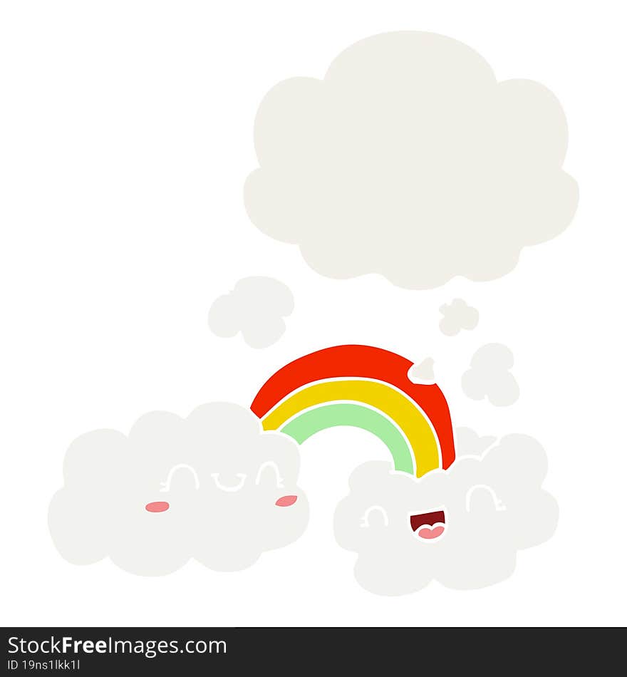 happy cartoon clouds and rainbow with thought bubble in retro style