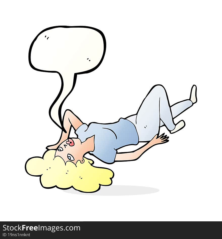 cartoon woman lying on floor with speech bubble