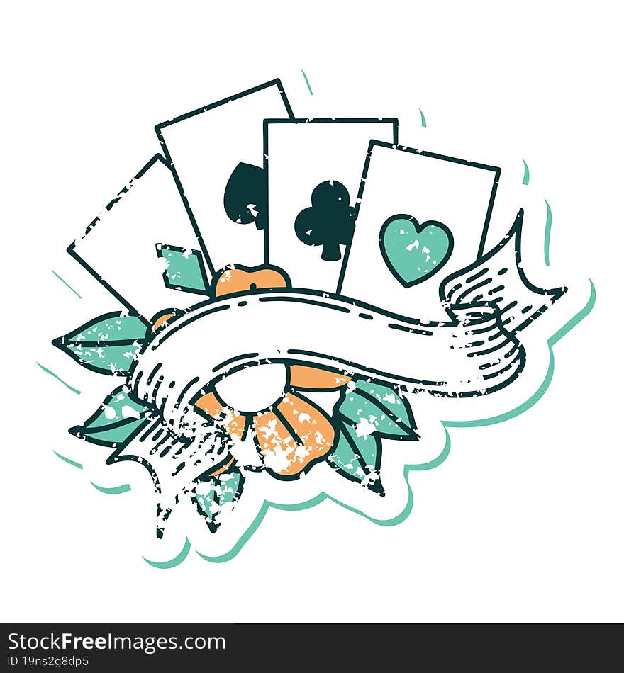 iconic distressed sticker tattoo style image of cards and banner. iconic distressed sticker tattoo style image of cards and banner