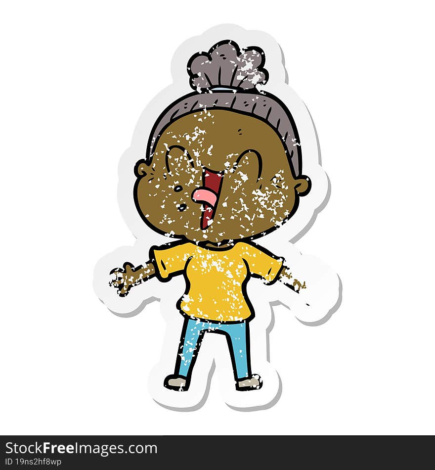 distressed sticker of a cartoon happy old woman