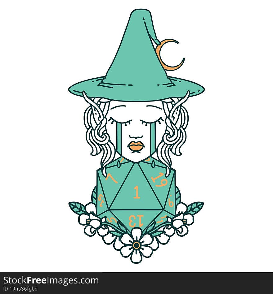 crying elf witch with natural one D20 roll illustration