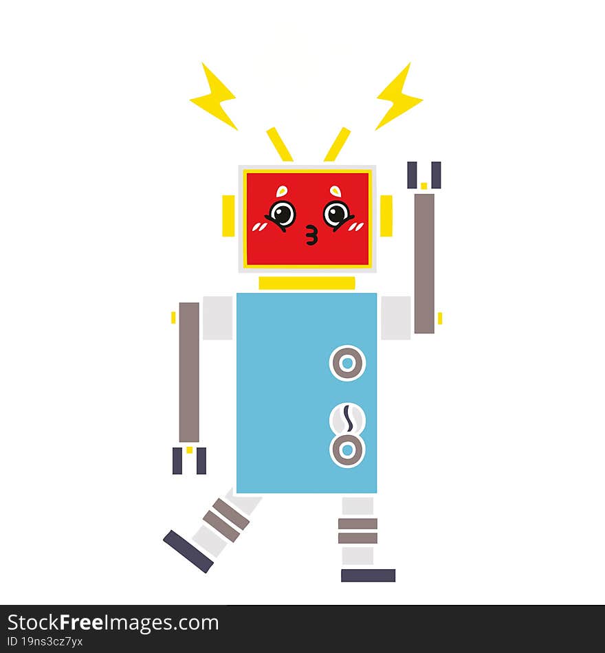 flat color retro cartoon of a robot malfunction