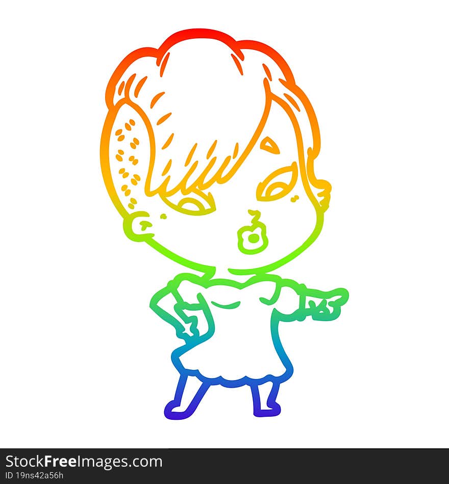 Rainbow Gradient Line Drawing Cartoon Surprised Girl