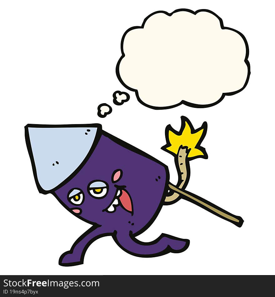 cartoon funny firework character with thought bubble