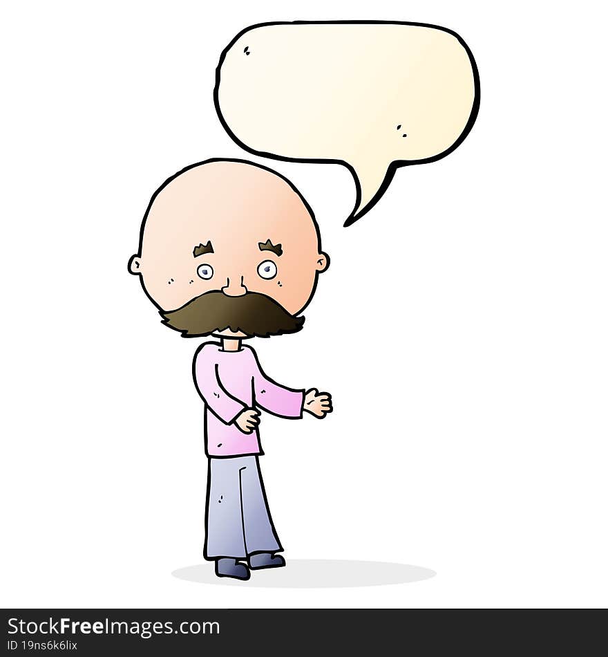 cartoon man with mustache with speech bubble