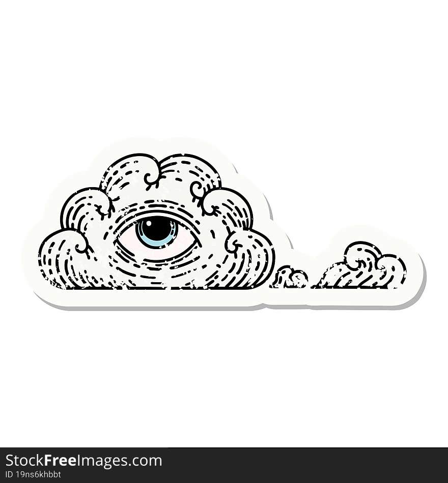 distressed sticker tattoo in traditional style of an all seeing eye cloud. distressed sticker tattoo in traditional style of an all seeing eye cloud