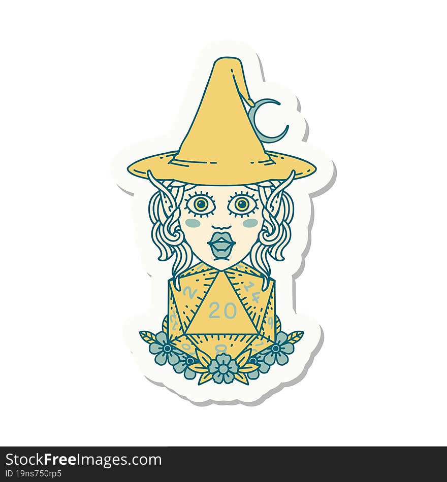 Elf Mage Character With Natural Twenty Dice Roll Sticker