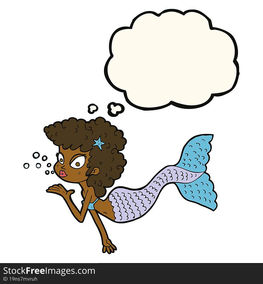 cartoon mermaid blowing kiss with thought bubble