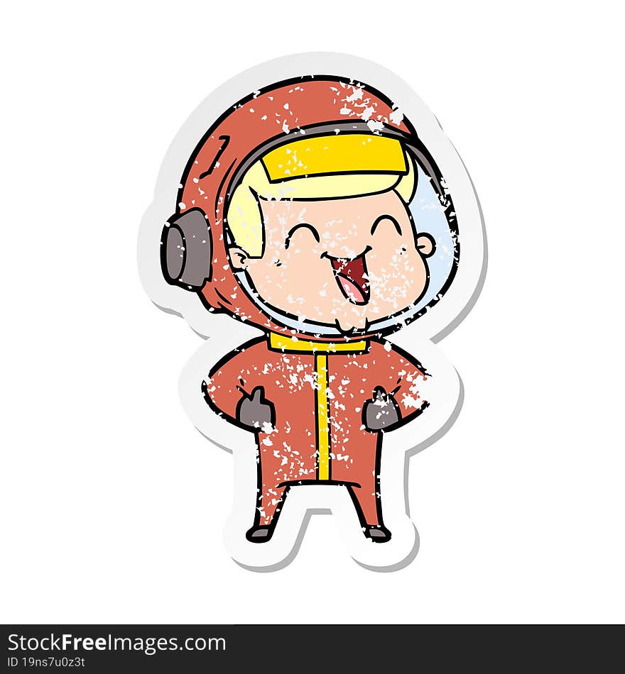 distressed sticker of a happy cartoon astronaut