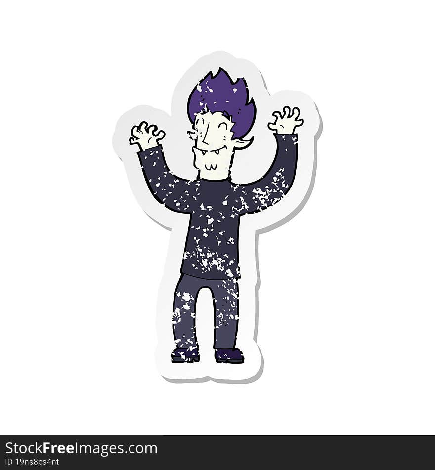 retro distressed sticker of a cartoon happy vampire man