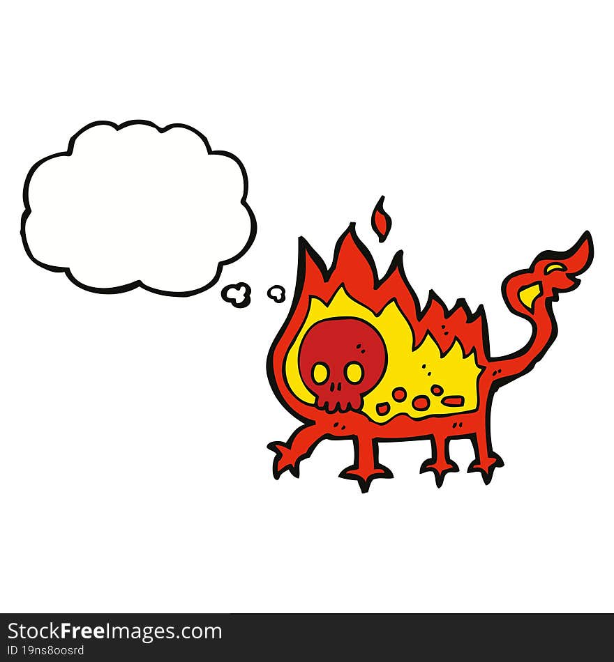 cartoon little fire demon with thought bubble