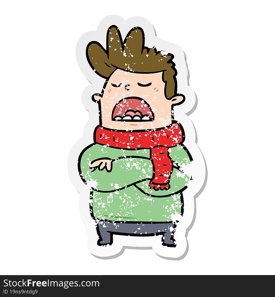 distressed sticker of a cartoon obnoxious man