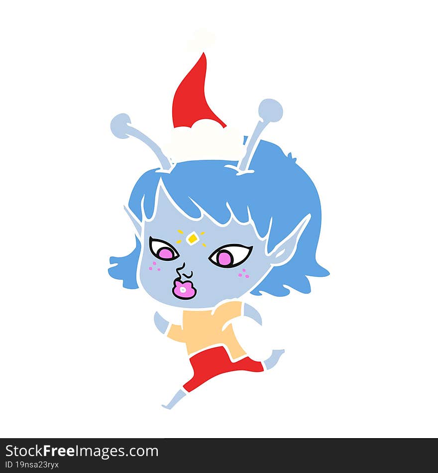 pretty flat color illustration of a alien girl running wearing santa hat