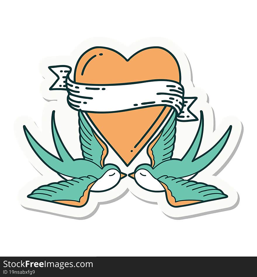 tattoo style sticker of a swallows and a heart with banner