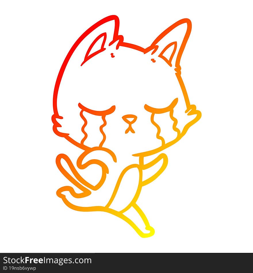 warm gradient line drawing of a crying cartoon cat