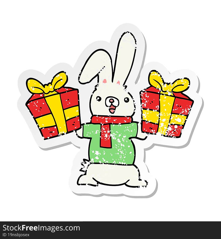 Distressed Sticker Of A Cartoon Rabbit With Christmas Presents