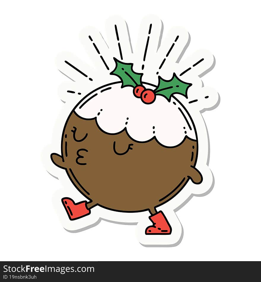 sticker of tattoo style christmas pudding character walking